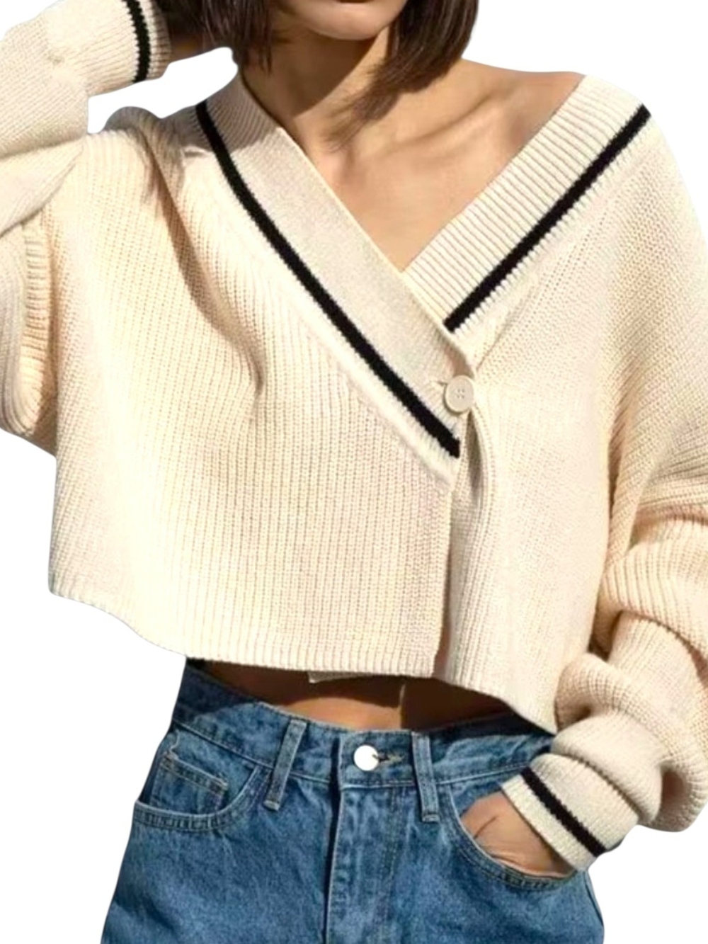 Oak + Fort Cream Black Trim Wrap Cardigan Sweater Cropped Oversized Small